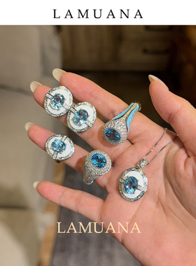 LAMUANA白珐琅花蓝托帕戒指天然蓝色宝石S925银高级轻奢感86510