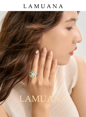 LAMUANA雕花小鹅蛋戒指复古小众设计人工绿松食指戒闭口新品66543