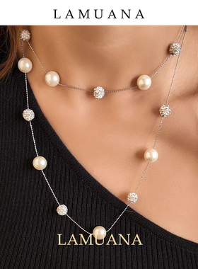 LAMUANA闪球珍珠项链颈链双层叠戴小众设计感白色通勤毛衣链88309