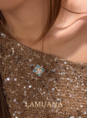 LAMUANA意式四叶草美松项链轻奢高级感天然绿松石银镀厚金锁骨链