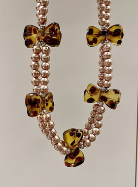 辣妹美式复古小众设计珍珠颈链豹纹蝴蝶结双层项链Choker女锁骨链