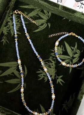 天然淡水珍珠百搭项链蓝色天然石串珠锁骨链小众设计轻奢拼接颈链
