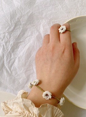 HUYA手作银莲花串珠手链戒指