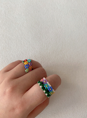 HUYA手作花园串珠戒指小众设计感手工编织花朵少女心百搭戒指女