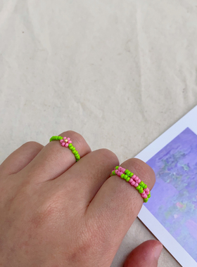 HUYA手作荧绿甜粉撞色串珠戒指多巴胺花朵手工编织原创设计指环