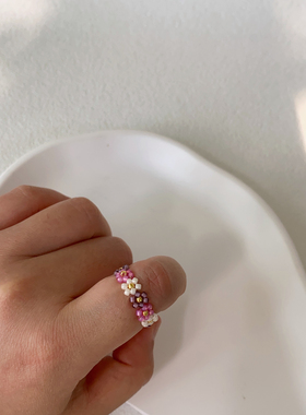 HUYA手作紫气东来小花串珠戒指原创设计手工编织小众设计