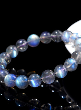 盖亚回声天然紫光灰月光圆珠手链紫蓝灰色拉长石手串情侣水晶手链