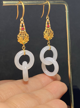 新疆和田玉白玉籽料双环耳坠18k金镶嵌 时来运转耳环精美女孩耳钉