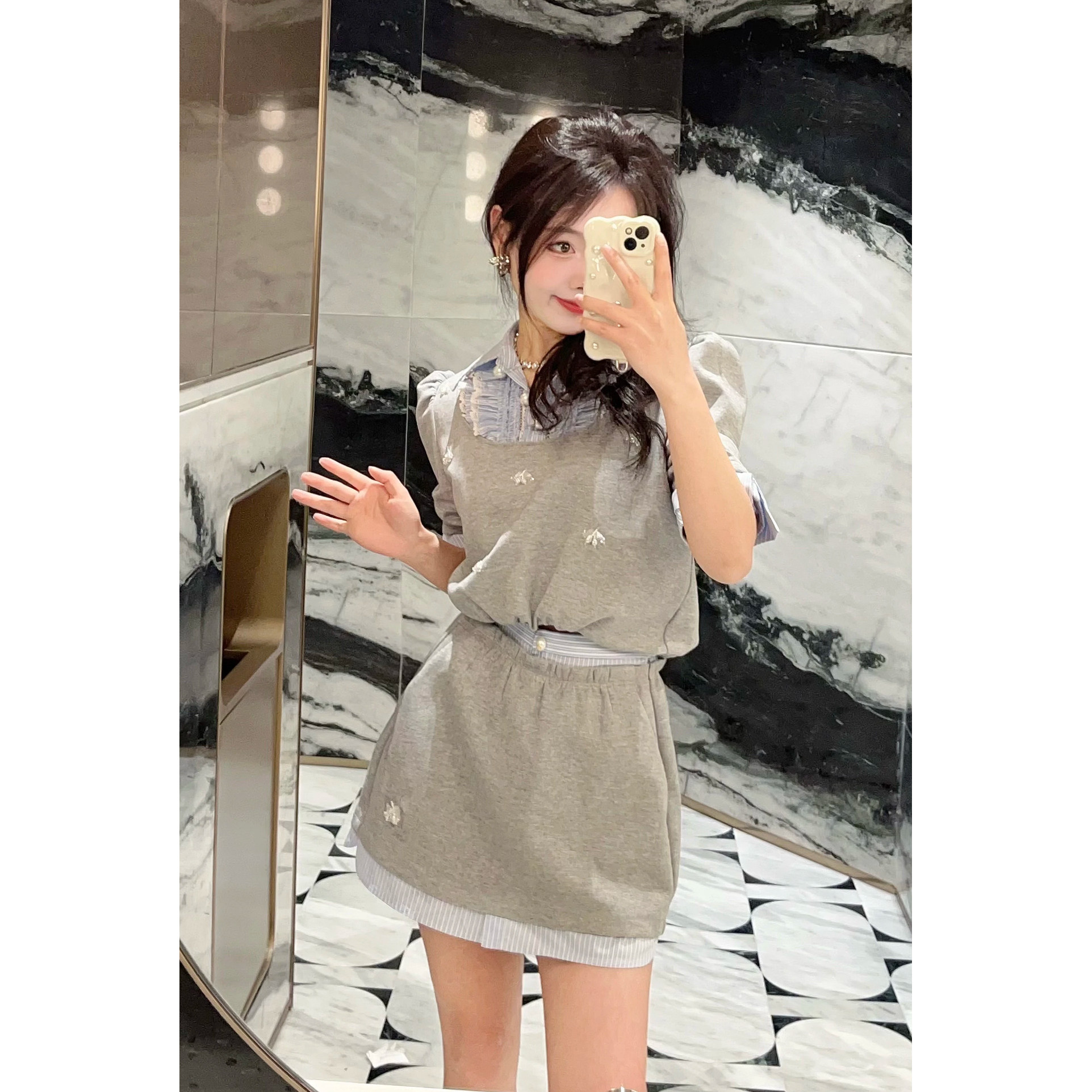 2025夏季新款百搭假二件拼接钉珠短袖衬衫T恤/半裙套装GFC253073,淘宝优惠券,粉丝福利购,淘宝优惠卷