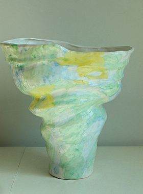 小清新彩色手绘粉色大口陶瓷花瓶高级轻奢设计小众客厅摆件样板房