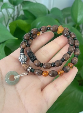 黛维娜 复古925纯银搭配沉香 翡翠 简约款双圈手链 手串