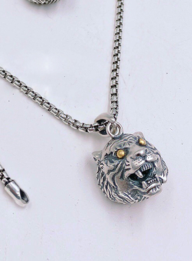 纯银凶猛虎头独特朋克潮流饰品