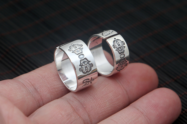 S925纯银饰品复古泰银六字真言法器戒指开口均码男女-图0