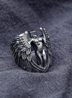 S925纯银饰复古个性泰银潮流断头天使 男款宽版戒指指环