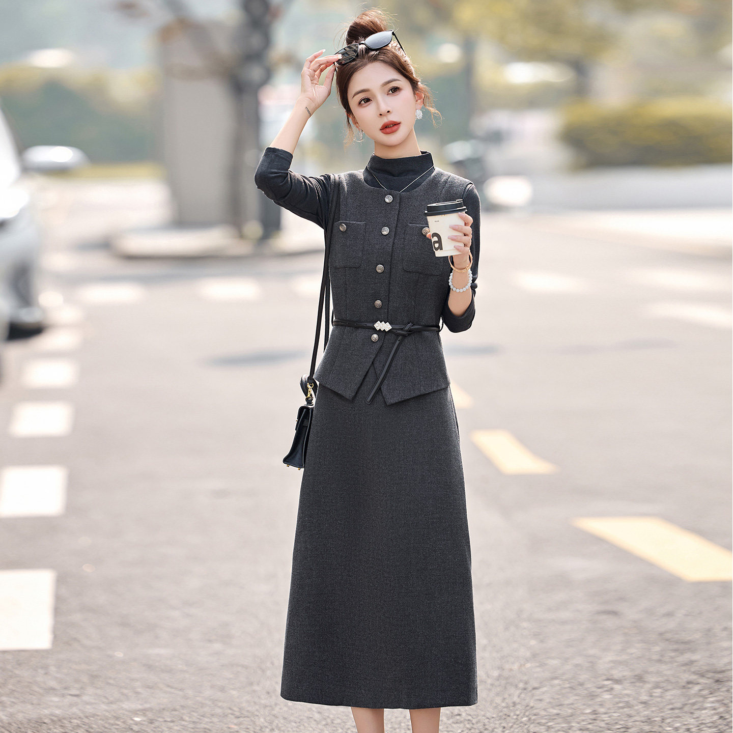 小香风套装女2026春季新款气质半高领打底衫毛呢马甲连衣裙两件套,淘宝优惠券,粉丝福利购,淘宝优惠卷