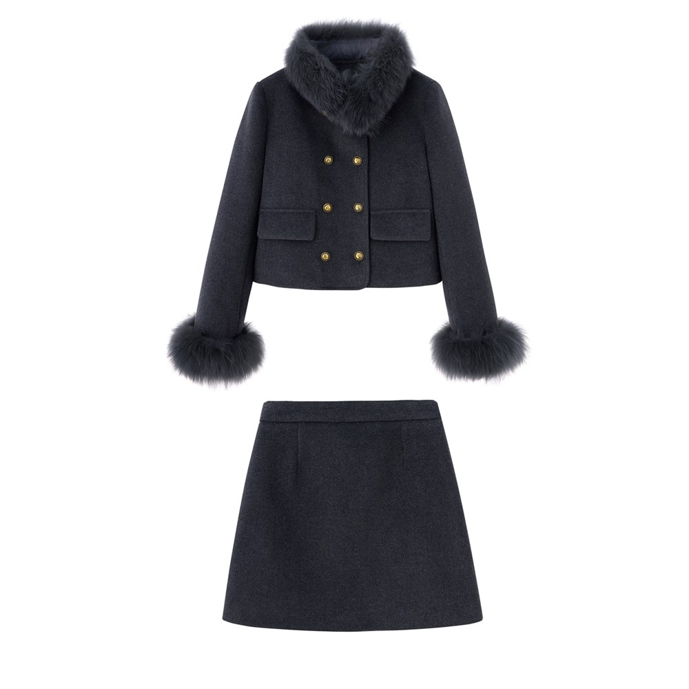 深灰色皮草围脖小香风套装女2025冬季轻奢羽绒服短外套短裙两件套,淘宝优惠券,粉丝福利购,淘宝优惠卷