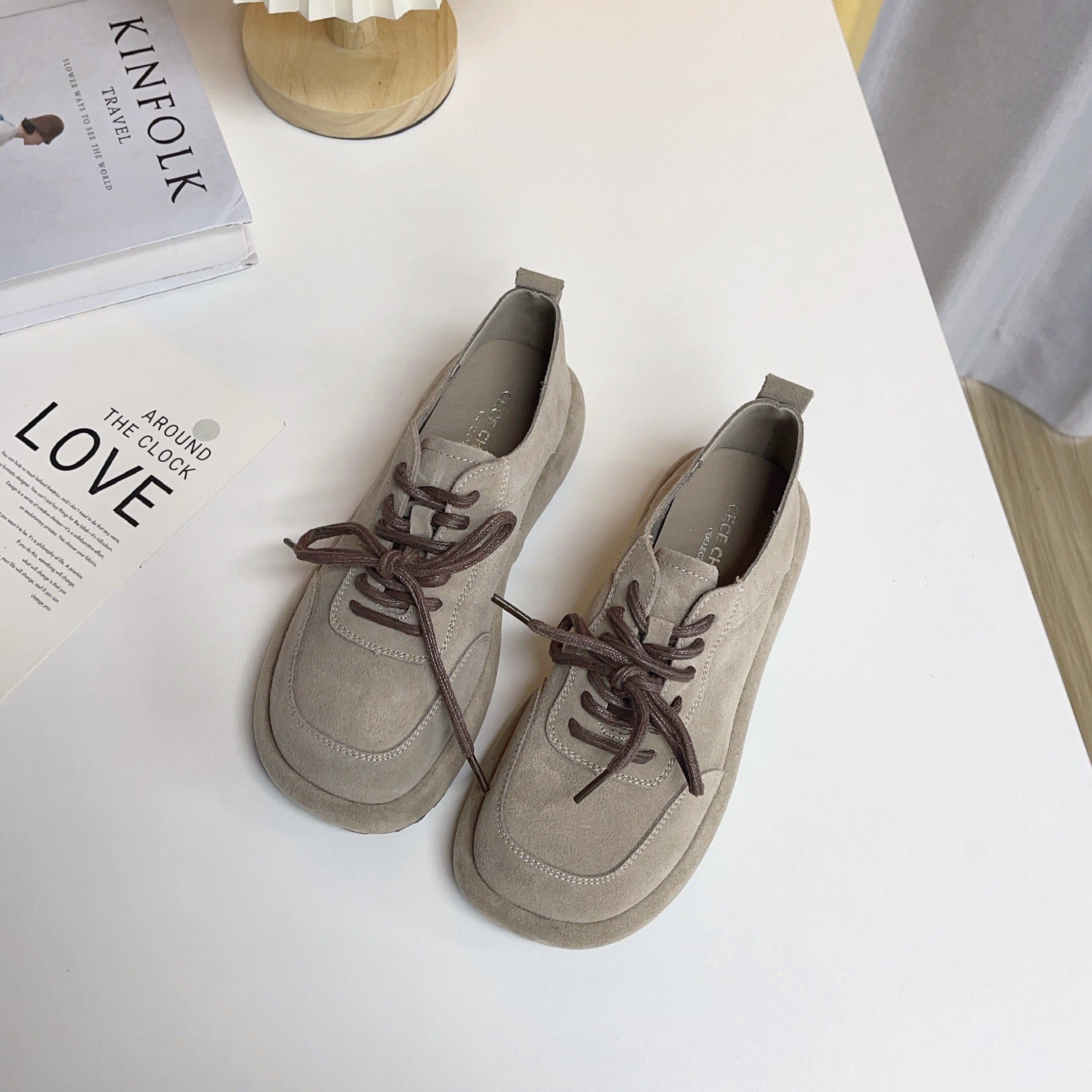 复古风厚底勃肯鞋女2025秋新款真皮透气系带软底豆豆鞋平底单鞋,淘宝优惠券,粉丝福利购,淘宝优惠卷