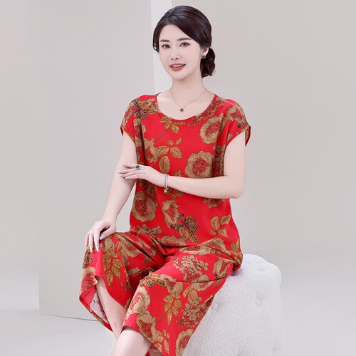 妈妈睡衣新款女士棉绸大码人造棉中老年人短袖两件套装夏季家居服 - 图1
