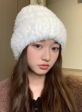 条纹毛绒拼接针织帽女冬季百搭显脸小保暖包头帽子时尚毛线帽