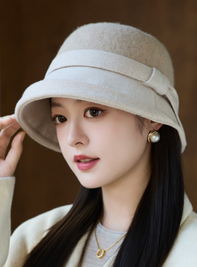 毛呢盆帽女2025秋冬季法式复古赫本风卷边礼帽优雅渔夫帽显脸小