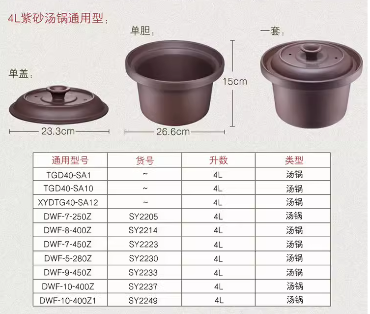 原厂三源紫砂锅内胆紫砂盖电饭煲内胆配件0.8L1.5L3L4L5L6L8L10L