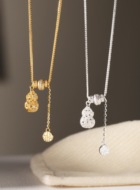 s925纯银镶钻葫芦福字项链女简约新中式福禄设计个性抽拉式锁骨链