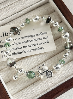 新款999足银招财猫绿幽灵圆珠手链女简约新中式国风设计串珠手串