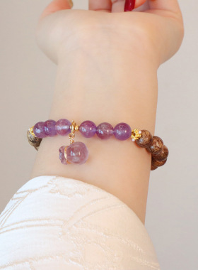 寺院爆款新中式天然沉香木紫水晶手链女葫芦钱袋挂饰文玩手串礼物