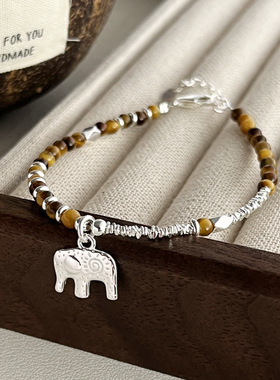 新款s925银碎银子大象虎眼石手链女新中式设计民族风时髦串珠手饰