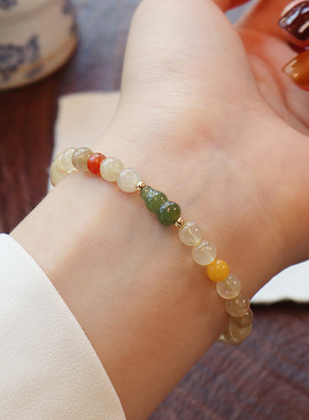 天然水晶手链女黄发晶三圈紫水晶和田玉黄水晶高级感串珠手串饰品