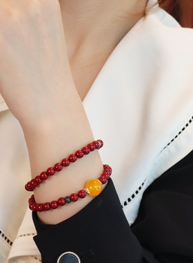 新款朱砂手串女本命年国风女式蓝水翡翠黄玉髓配饰文玩佛珠手链