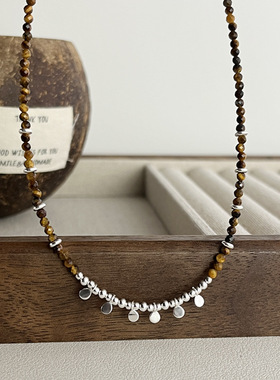 新款S925纯银小圆片银珠虎眼石项链女简约民族风设计串珠锁骨链