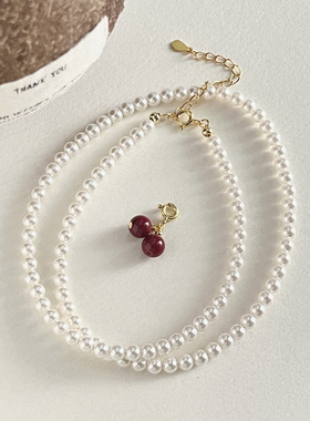 新款s925纯银樱桃施家珍珠项链女简约温婉甜美气质百搭个性锁骨链