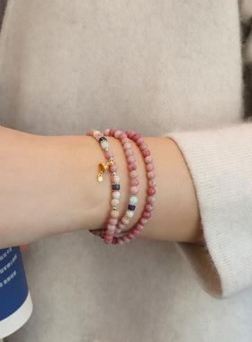 新款天然红纹石多圈手链寿山石多圈手串文创饰品轻奢高级感手串