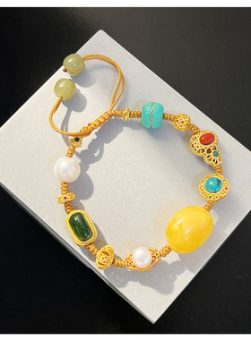 高定款~新中式通体925纯银蜜蜡松石手链女生重工民族风复古手串