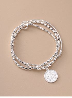 韩国s925纯银多层圆珠钱币圆牌手链女生简约时尚弹力绳款三层手串