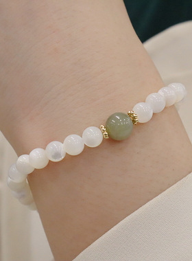 天然白贝母手链珍珠贝母手串闪光珍珠贝壳手串和田玉粉晶海蓝宝