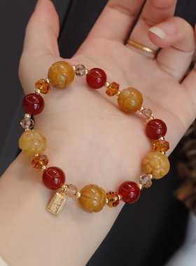 新款天然黄翡莲花珠手链情侣款复古民族风红玛瑙福牌吊坠串珠手串