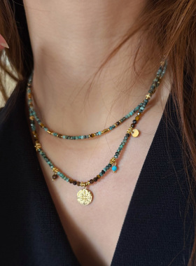 新款天然非洲松石手工串珠项链女小众设计高级感锁骨链钛钢毛衣链