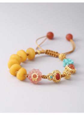 高定款~新中式通体925纯银蜜蜡葫芦花朵手链女重工民族风手串礼物