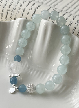 s925纯银钱币圆球海蓝宝手链女简约新中式设计百搭串珠手串手饰