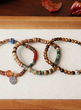 中古百搭天然石手链椰壳虎眼石玛瑙纯银配件不掉色叠戴民族风手串