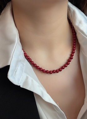 新款S925纯银圆形朱砂项链红色串珠毛衣链简约气质国风设计锁骨链