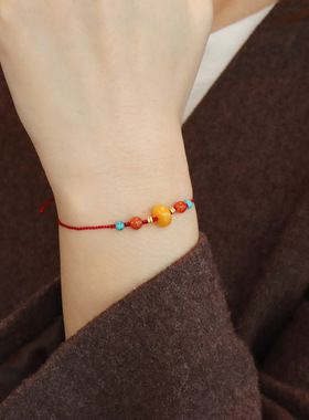 国风手作编织天然石红绳手链纯银本命年手绳宝藏饰品蜜蜡学生礼物