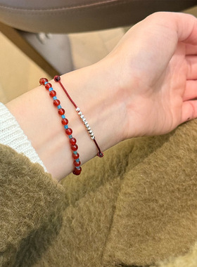 s925纯银猫眼珠车花球红绳手链女简约手工设计百搭个性手环叠戴款