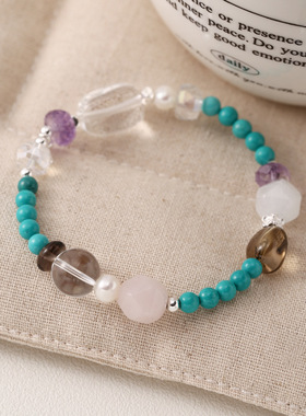 s925纯银合成松石珍珠水晶圆珠手链女简约新中式设计串珠手串手饰