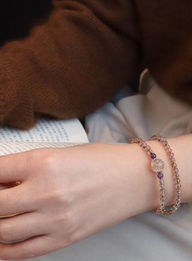 新中式天然黑晶超水晶手串女蜜蜡紫水晶手链高级感双圈串珠手饰品