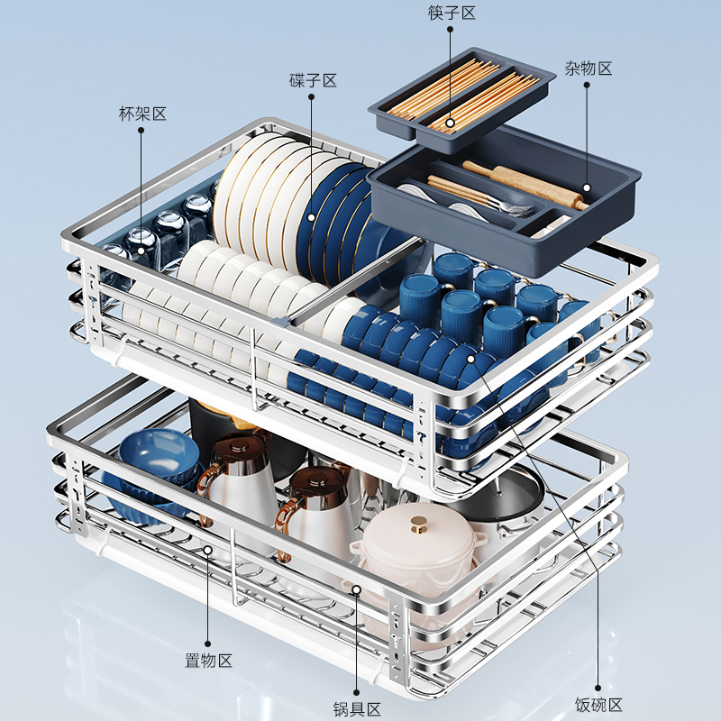 尔沫拉篮厨房橱柜304不锈钢双层抽屉式碗碟架柜内收纳调味料碗篮-图2