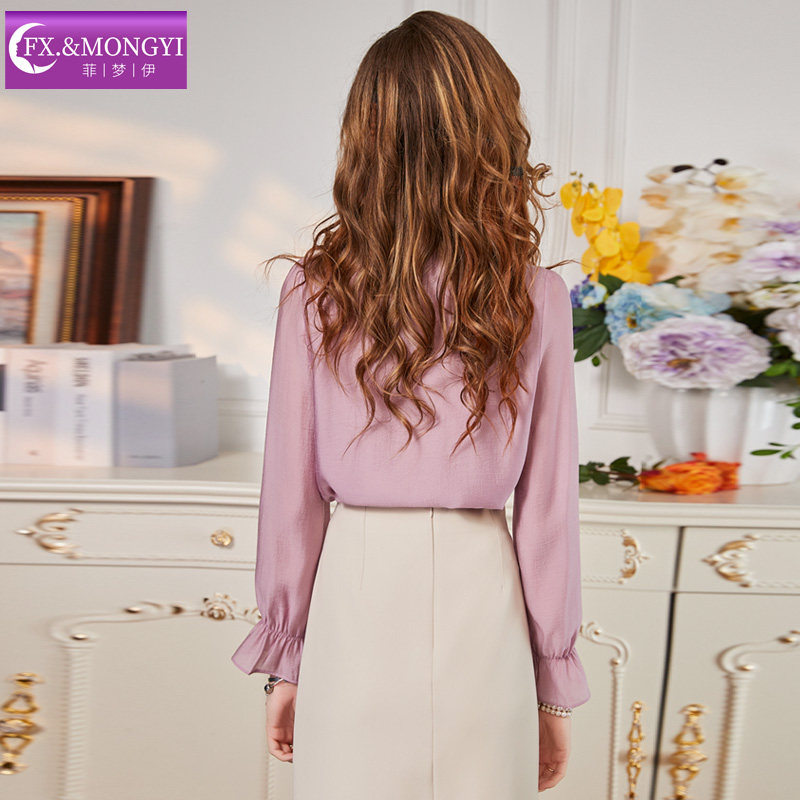 菲梦伊莱赛尔木耳边花朵衬衫女喇叭袖春季法式甜美立领设计感上衣,淘宝优惠券,粉丝福利购,淘宝优惠卷