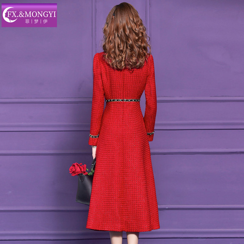 菲梦伊原创钉珠红色连衣裙女冬季复古轻熟名媛小香风收腰A字裙子,淘宝优惠券,粉丝福利购,淘宝优惠卷